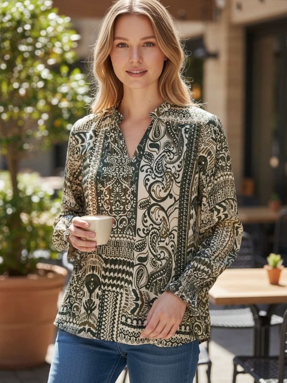 Printed Long-Sleeve V-Neck Top in Olive Mix
